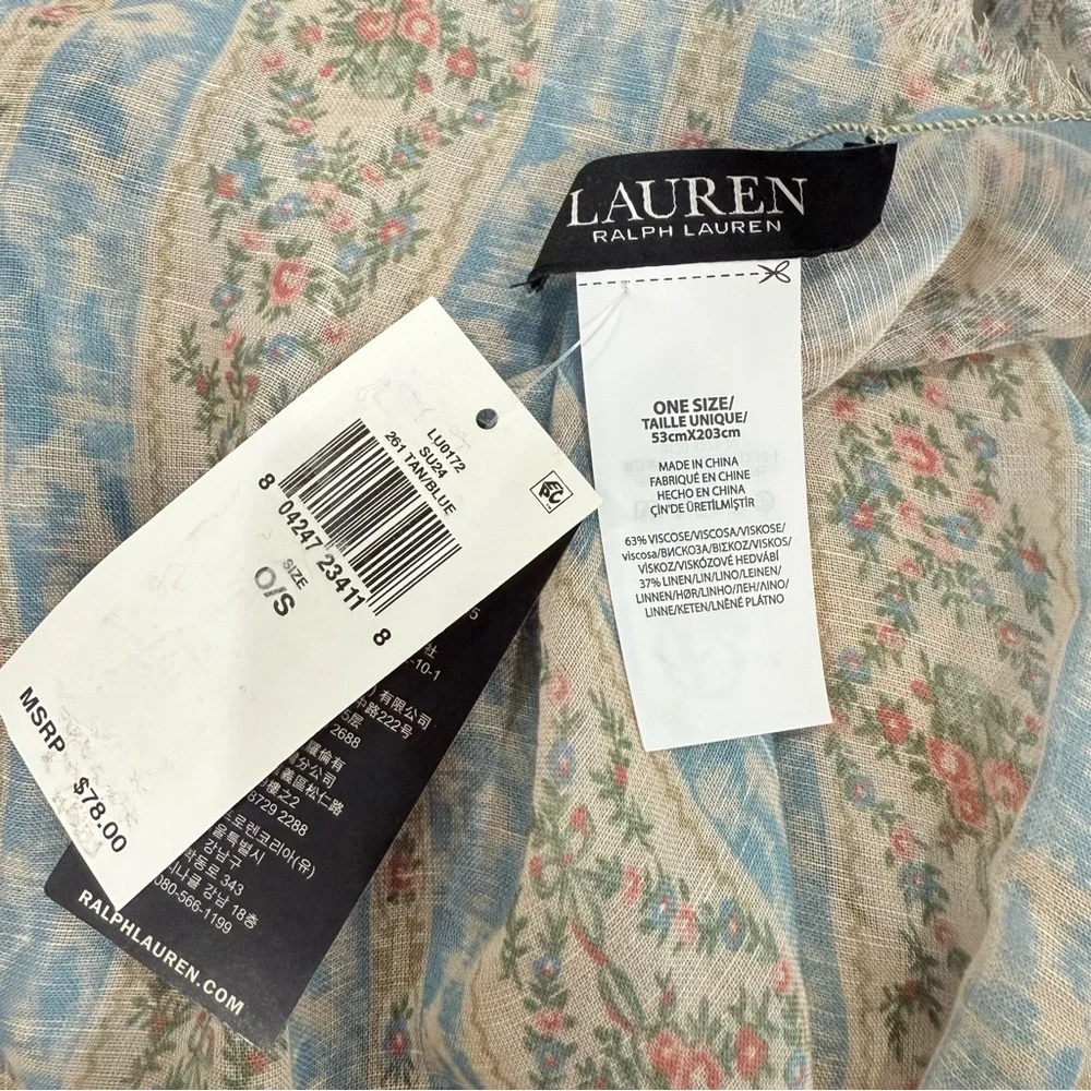 NWT Lauren Ralph Lauren Blue and Cream Floral Stripe Scarf